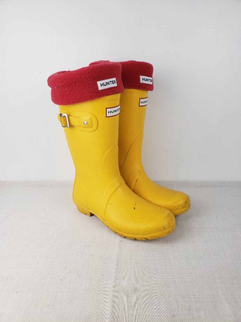 Hunter Original Short Boots Yellow Rain Wellies Red Fleece Boot Socks Womens 8